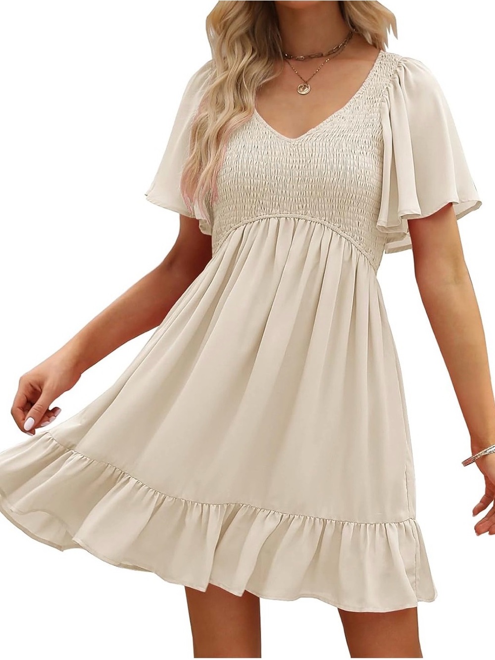 Cream Smocked V-Neck Flutter Sleeve Dress